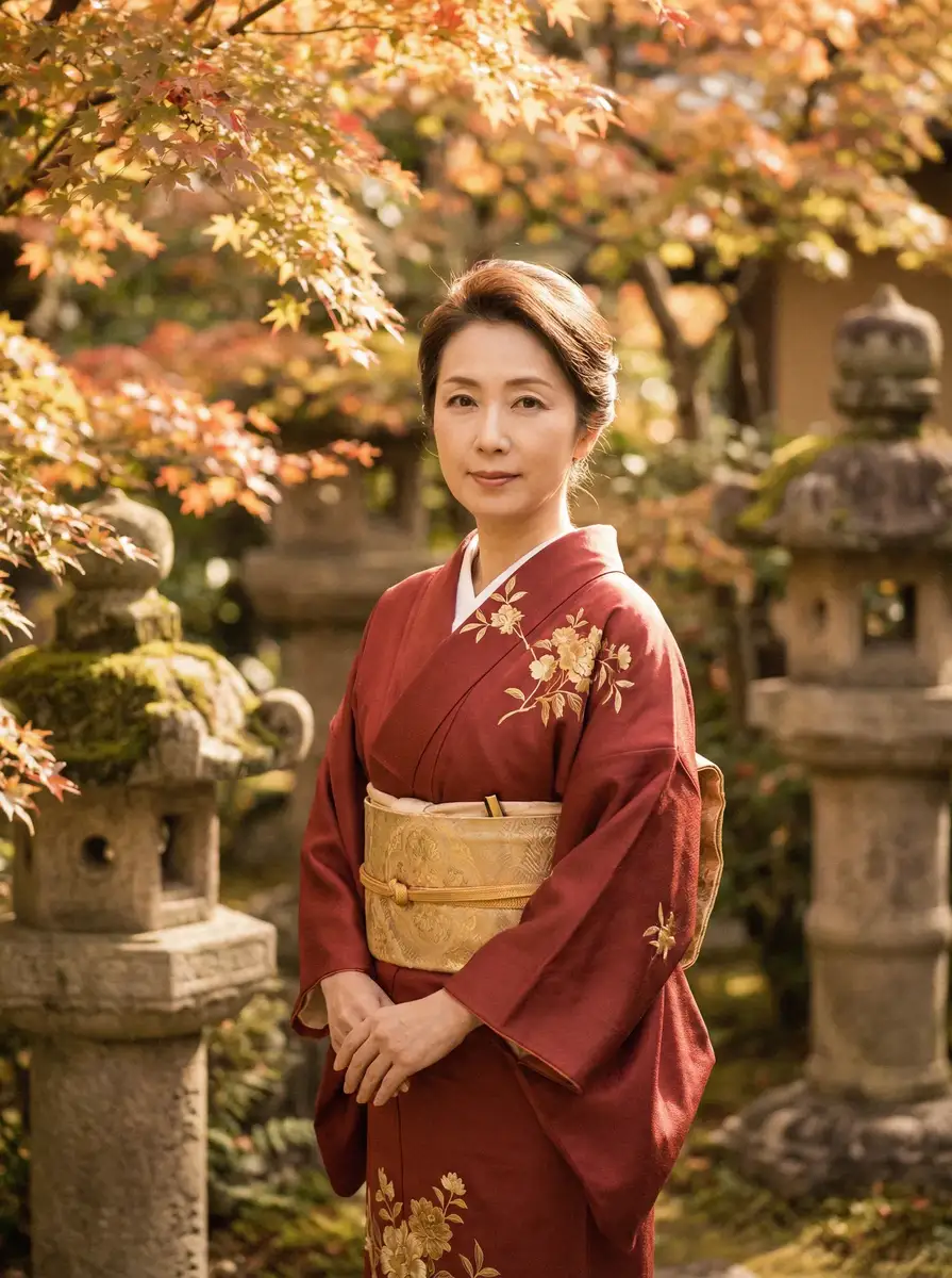 一位身穿暗红色和服的优雅 吉祥坊官网 在日式庭院中